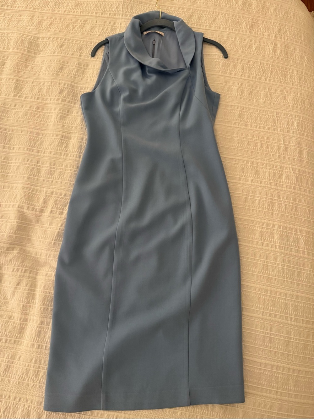 Black Halo Sleeveless Cowl Neck Sheath Dress in Dusty Blue